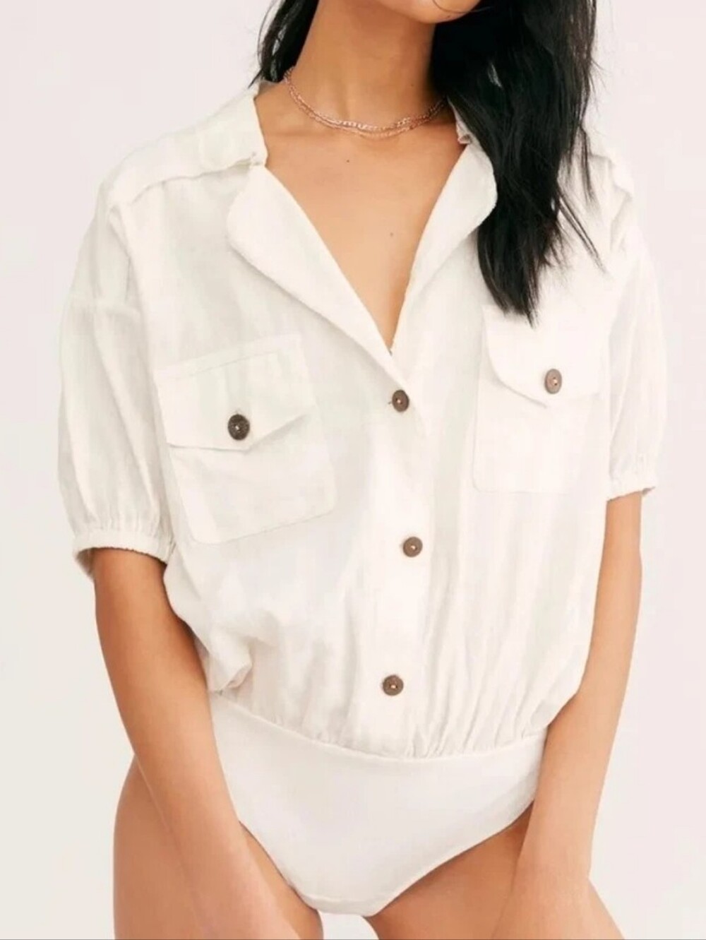 Free People So-Fari Linen Short-sleeve Bodysuit White Summer Top M NWOT - Picture 2 of 7